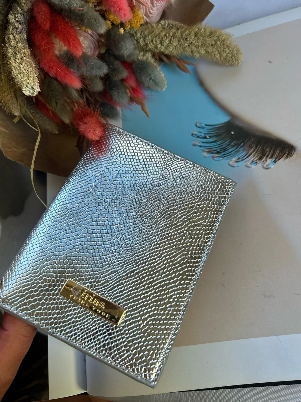 Trina Metallic Silver Textured Passport Wallet with Gold Plaque new